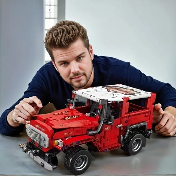 Red Off-Road Pickup Truck Technic Building Blocks, 1:10 Scale All-Terrain Vehicle Bricks Set for Adults, Functional Suspension