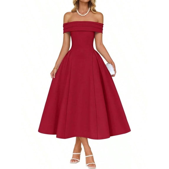 Red Off Shoulder A-Line Midi Cocktail Dress For Women Evening Party Wedding