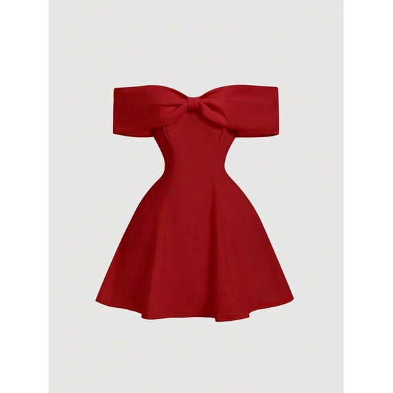 Red Off-Shoulder Bow Accent Mini Party Dress For Women