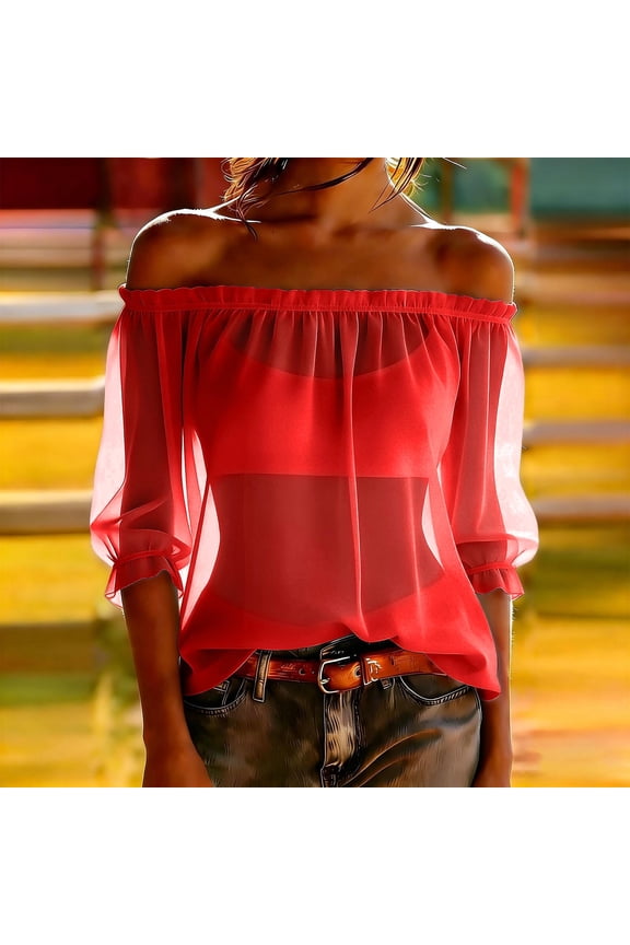 Red Off Shoulder Chiffon Blouse for Women Ruffle Puff Sleeve Loose Fit Summer Top S-XXXL,Size 3XL