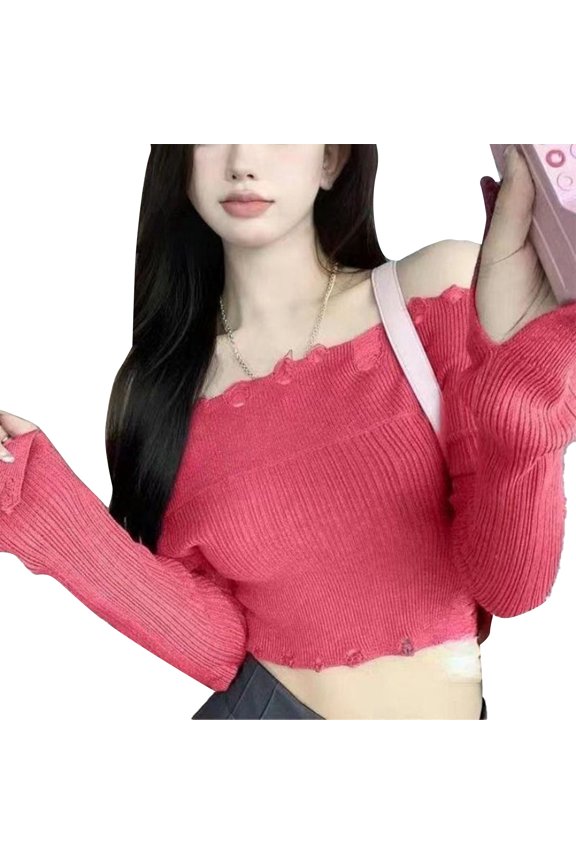 Red Off-Shoulder Long Sleeve Sweater Top, Short Style, Polyester Material, Perfect for Spring, One Size Fits Most (35-65kg)