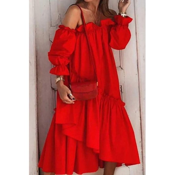 Red Off-Shoulder Ruffled Sleeve Midi Dress, Feminine Casual Chic Style