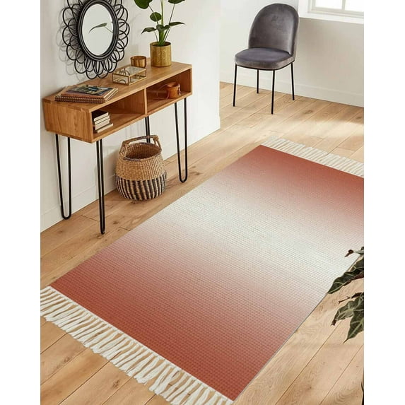 Red Ombre Area Rug 3x5ft Woven Runner Rug, Modern Gradient Abstract Art Washable Living Room Hallway Bedroom Kitchen Carpet with Tassels, Non-Shedding Indoor Outdoor Throw Door Mat for Entryway