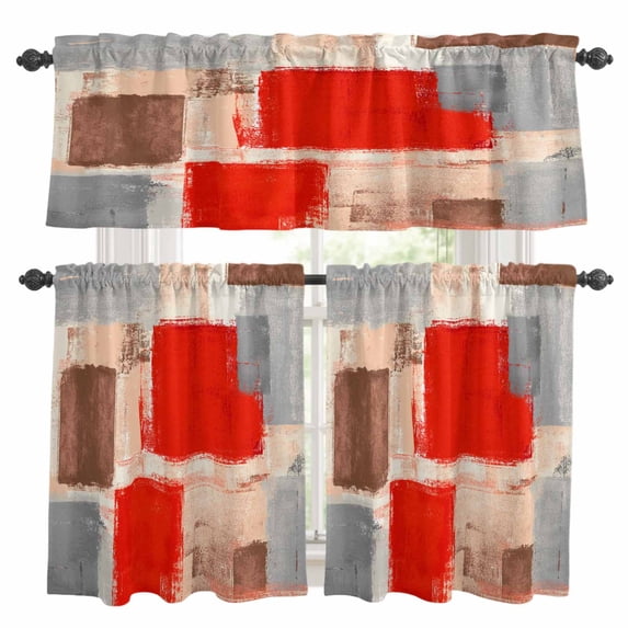 Red Ombre Kitchen Curtains Sets for Windows 24 Inch Length, Farmhouse Contemporary Abstract Checked Rod Pocket Window Treatments Tier Curtains and Valances Set for Bedroom/Bathroom