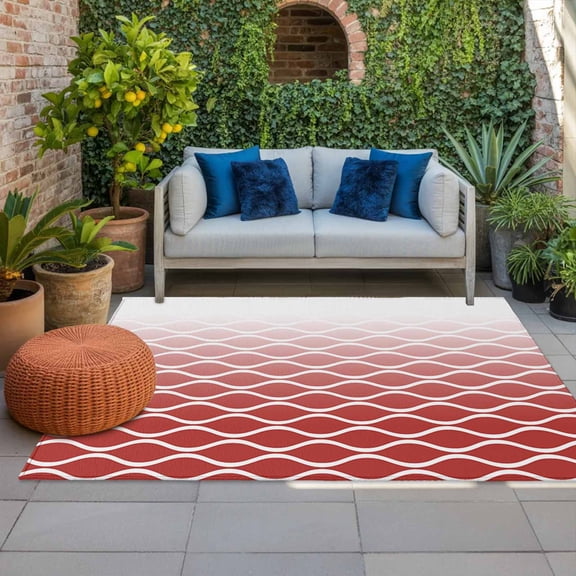 Red Ombre Morocco Indoor Outdoor Rugs 4x6 Ft, Modern Geometric Wave Lines Abstract Outdoor Patio Rugs Mat Washable Outside Area Rugs Carpet for Porch Deck RV Camping Pool Balcony Backyard