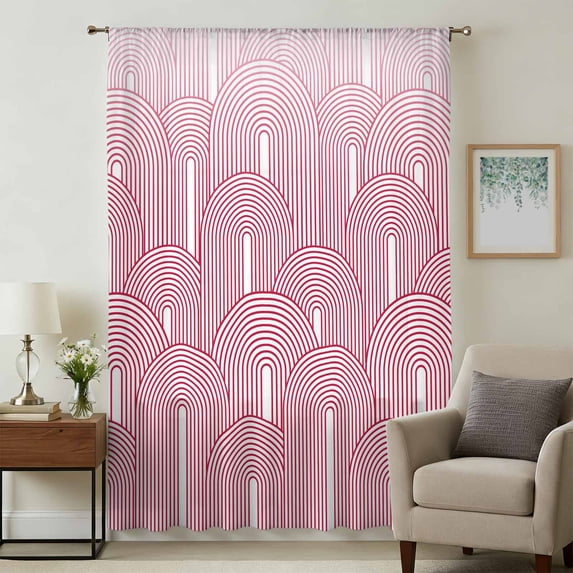Red Ombre Sheer Curtains 63 Inches Long, Farmhouse Stripes Modern Abstract Art Light Filering Curtains, Breathable Simi Curtain Privacy Drapes for Living Room Bedroom Lightweight Window Treatment