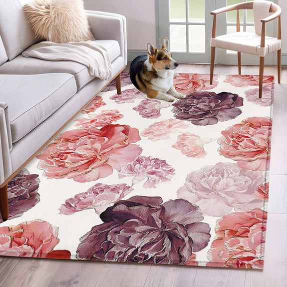 Red Ombre Spring Floral Area Rugs 4'x6', Washable Small Throw Rugs for Office Bathroom, Summer Botanical Flowers Indoor Outdoor Rug Non-Slip Low Pile Carpet Runner Reversible Floor Mats