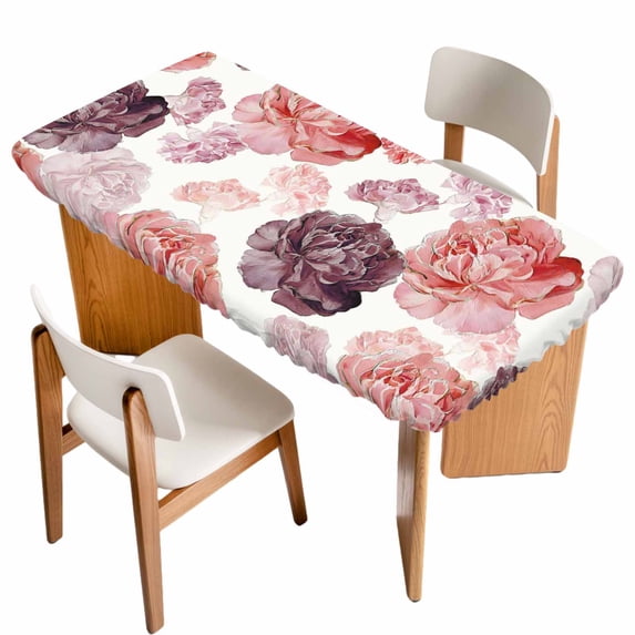 Red Ombre Spring Floral Table Cloths for 3 Foot Rectangle Tables, Summer Botanical Flowers Patio Waterproof Elastic Fitted Tablecloths, Washable Rectangular Table Cover for Camping