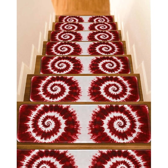 Red Ombre Stair Treads for Wooden Steps Indoor Runner Rug Carpet, Farmhouse Chic Tie Dye Abstract Retro Art 4 Pieces Peel and Stick Staircase Step Treads Covers Washable Throw Door Mats, 30"x8"
