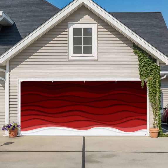 Red Ombre Stripes Garage Door Cover Banner 7 x 8 FT, Modern Abstract Sea Waves Aesthetic Garage Door Curtains Backdrop with Grommets for Indoor Outdoor Wall Party Porch Yard Decorations Background