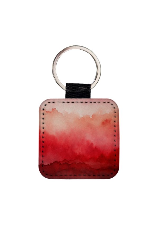 Red Ombre Watercolor Faux Leather Square Keychain