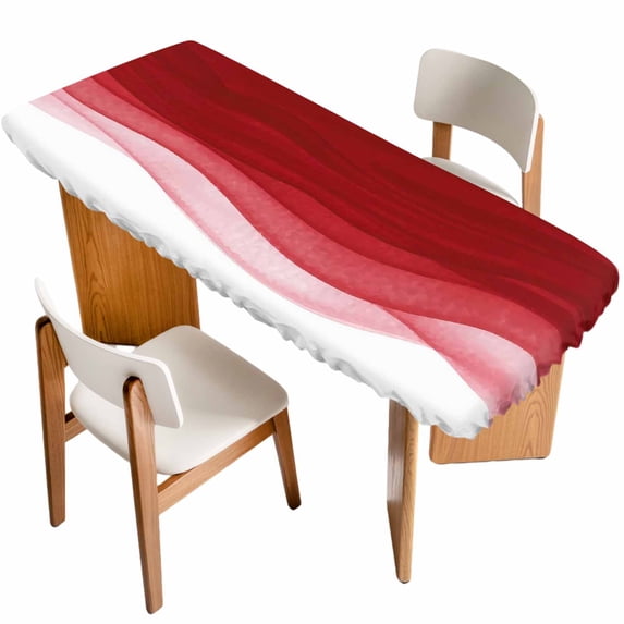 Red Ombre Waves Table Cloths for 8 Foot Rectangle Tables, Abstract Art Gradient Modern Patio Waterproof Elastic Fitted Tablecloths, Washable Rectangular Table Cover for Camping