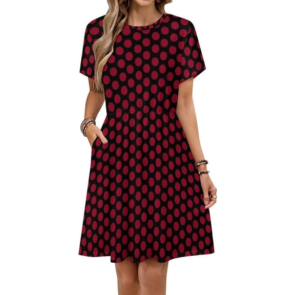 Red On Black Polka Dots Women's Dress Short Sleeve Summer Sundress Summer Women Clothes