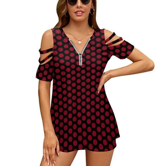 Red On Black Polka Dots Womens Summer V Neck Zipper Top Short Sleeve T Shirt Off Shoulder Top Casual Classy Loose Shirts