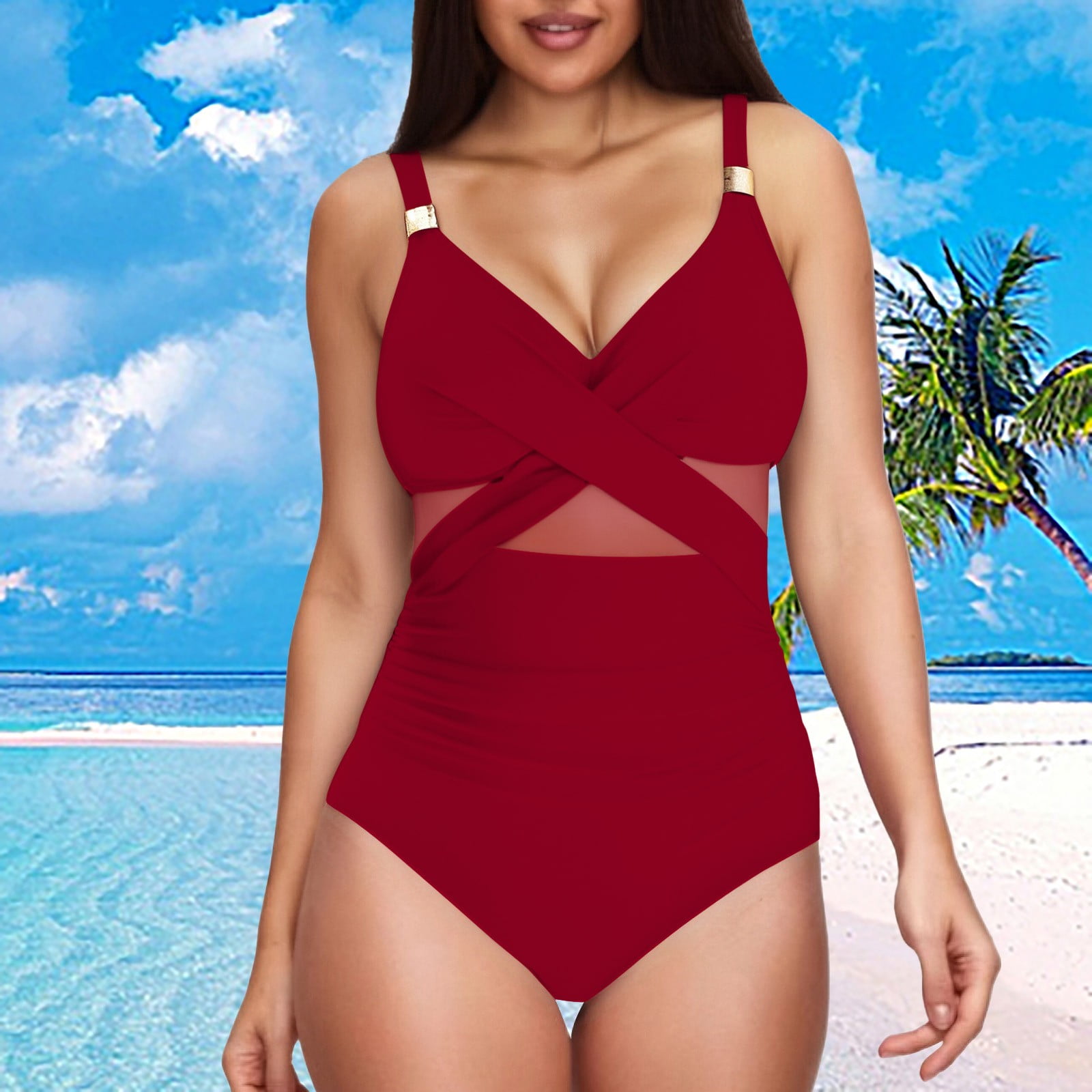 Red One Oiece Swimsuit Women Swimsuit Metal Modest Bathing Suit ...