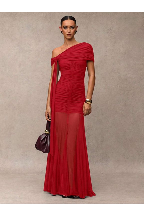 Red One-Shoulder Ruched Maxi Evening Gown Formal Dress