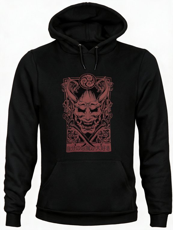 Red Oni Mask Line Art Graphic Hoodie