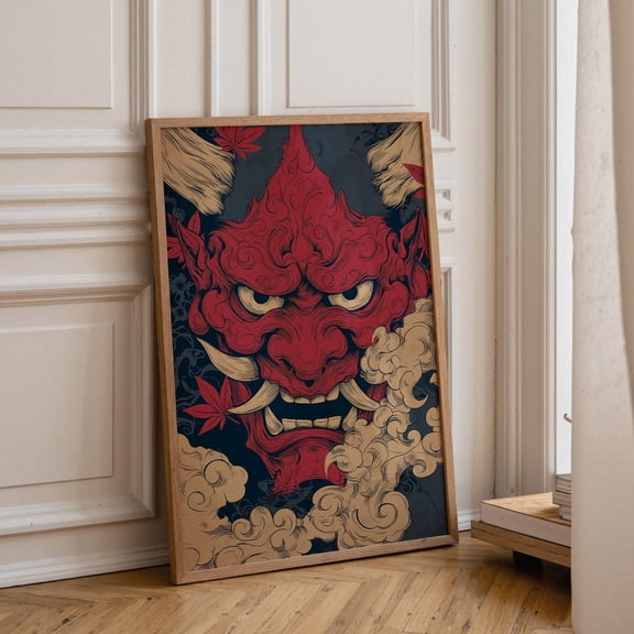 Red Oni Mask Print, Japanese Demon Ukiyo-e Samurai Wall Art Poster Unframed Paper Print