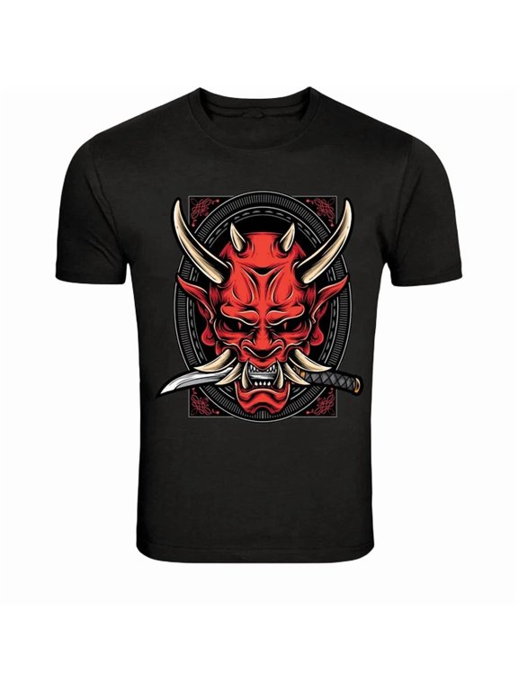 Red Oni Samurai Demon Mask Japanese Warrior Graphic Style T-Shirt, Size S-5XL