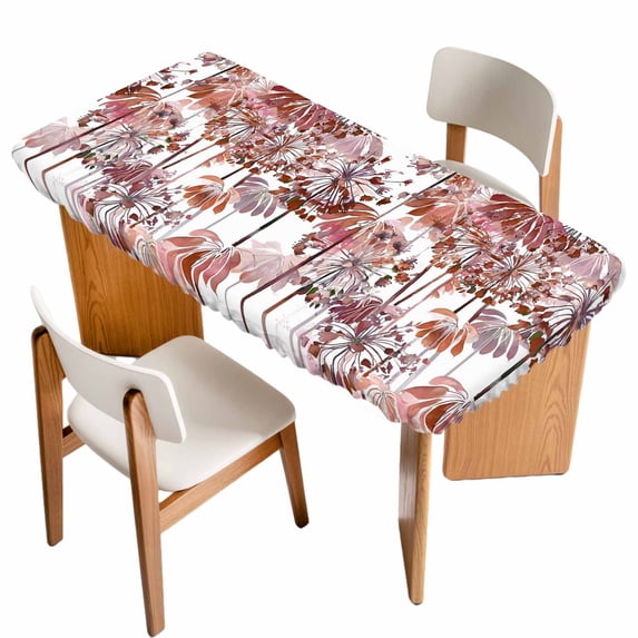 Red Onion Flowers Table Cloths for 3 Foot Rectangle Tables, Spring Watercolor Dandelion Floral Plants Patio Waterproof Elastic Fitted Tablecloths, Washable Rectangular Table Cover for Camping