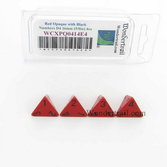 Red Opaque Dice with Black Numbers D4 Aprox 16mm (5/8in) Pack of 4 Wondertrail