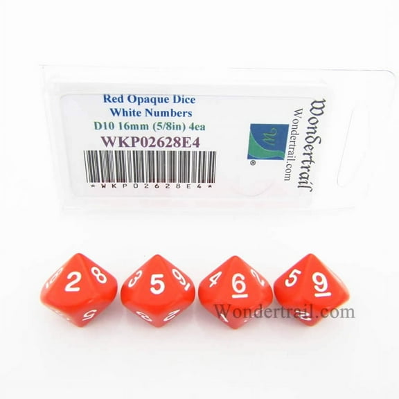 Red Opaque Dice with White Numbers D10 16mm (5/8in) Pack of 4 Wondertrail