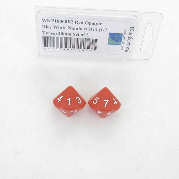 Red Opaque Dice with White Numbers D14 (1-7 Twice) 20mm (25/32in) Set of 2 Wondertrail
