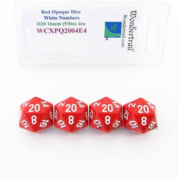 Red Opaque Dice with White Numbers D20 Aprox 16mm (5/8in) Pack of 4 Wondertrail