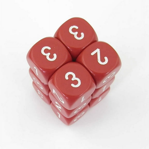 Red Opaque Dice with White Numbers D3 (D6 1-3 Twice) 16mm (5/8in) Pack of 12 Wondertrail
