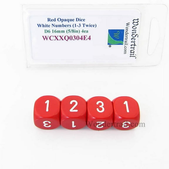 Red Opaque Dice with White Numbers D3 (D6 1-3 Twice) 16mm (5/8in) Pack of 4 Wondertrail