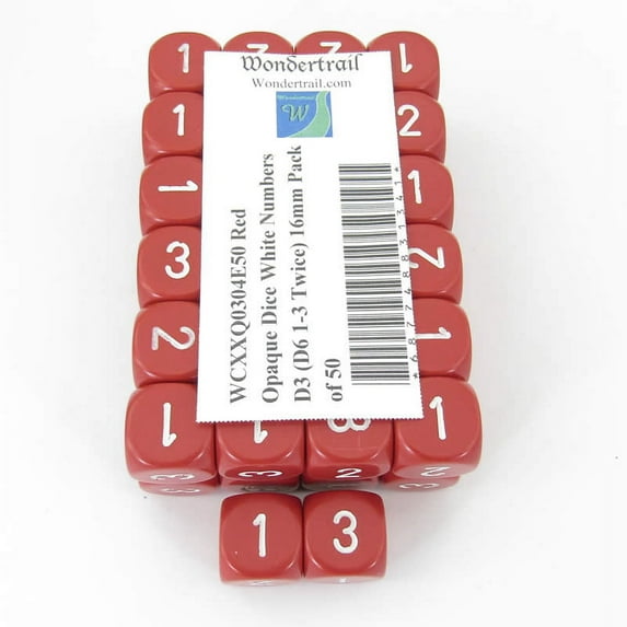 Red Opaque Dice with White Numbers D3 (D6 1-3 Twice) 16mm (5/8in) Pack of 50 Wondertrail
