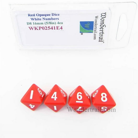 Red Opaque Dice with White Numbers D8 16mm (5/8in) Pack of 4 Wondertrail
