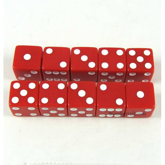 Red Opaque Dice with White Pips D6 16mm (5/8) Set of 10 Koplow Games
