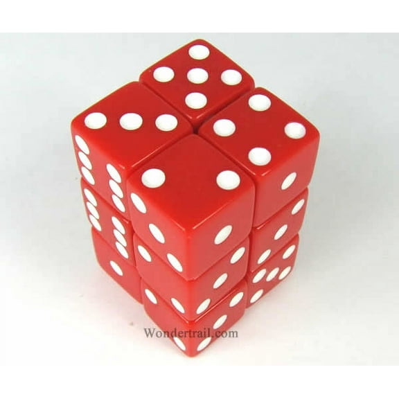 Red Opaque Dice with White Pips D6 16mm (5/8in) Pack of 12 Koplow Games