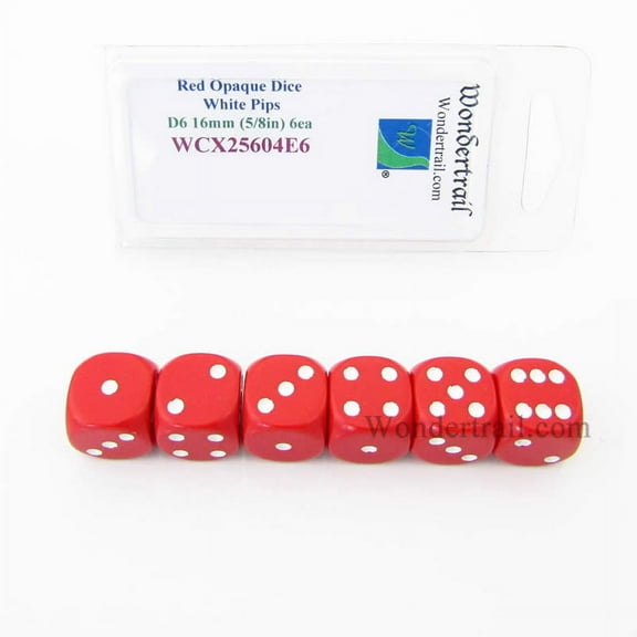 Red Opaque Dice with White Pips D6 16mm (5/8in) Pack of 6 Wondertrail