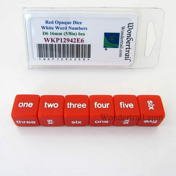Red Opaque Dice with White Word Numbers D6 16mm (5/8in) Set of 6 Wondertrail