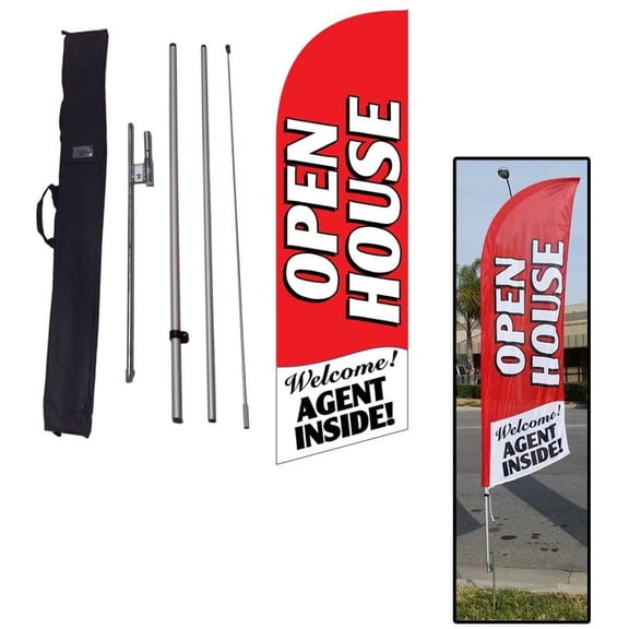 Red Open House Sign for Real Estate Feather Banner Flag Kit with Ground Stake and Travel Bag, Open House Signs for Agents by Feather Flag Nation