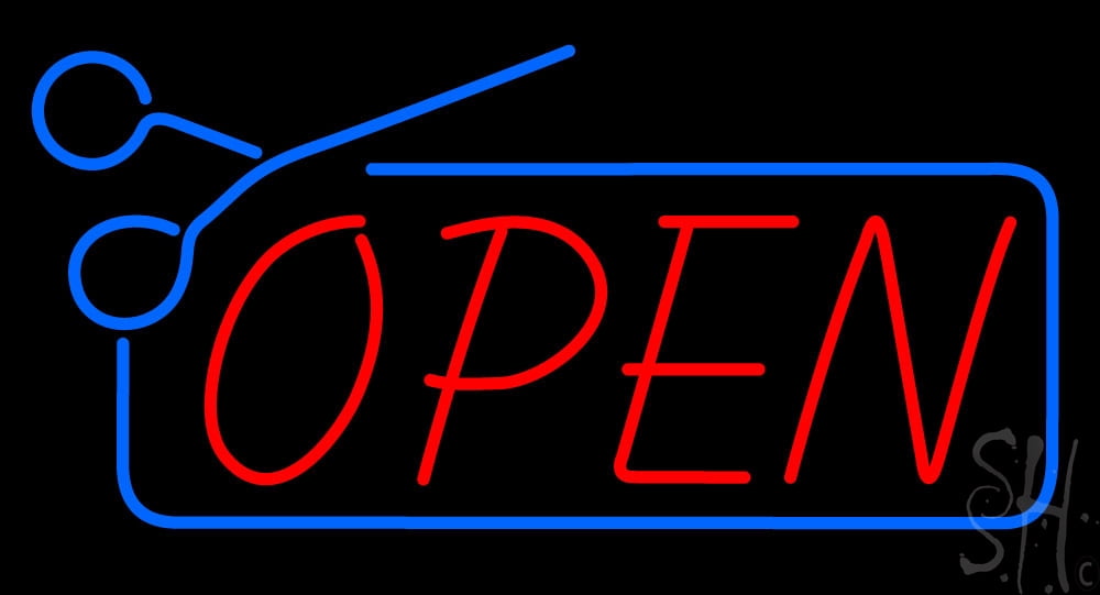 Red Open with Scissor Logo LED Neon Sign 13 x 24 - inches, Black Square Cut Acrylic Backing, with Dimmer - Bright and Premium built indoor LED Neon Sign for Defence Force.