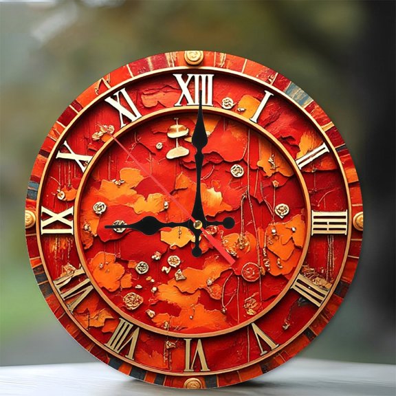 Red Orange Abstract Wall Clock Roman Numerals 10-Inch Silent Wooden Wall Clock, Battery Operated (AA Batteries Not Included), Artistic Home Decor