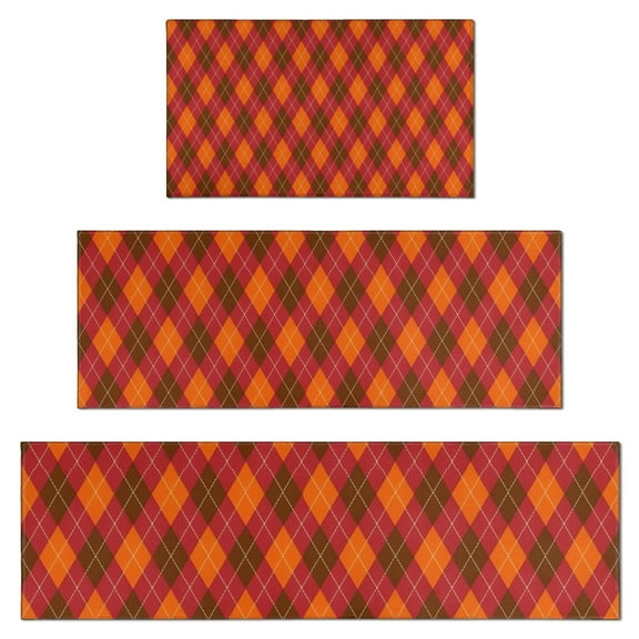 Red and Orange Argyle Pattern Kitchen Rugs Sets Of 3,Kitchen Runner Rugs Non Skid Washable,Decorative Kitchen Floor Mats for Kitchen,Sink,Laundry,17"x30"+ 17"x47" + 17"x59"