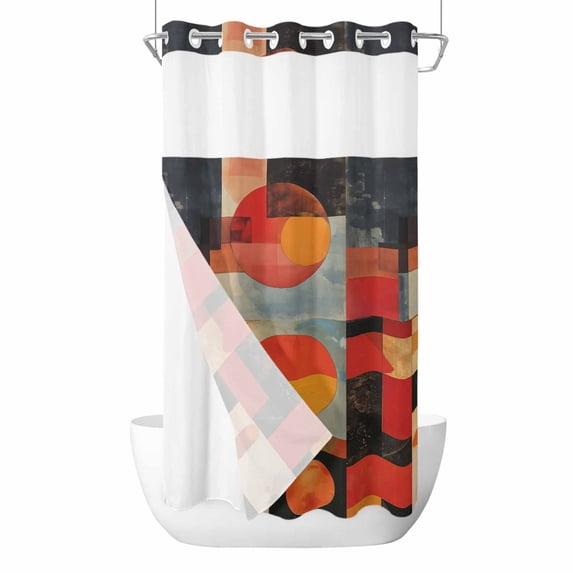 Red Orange Black Geometric No Hook Shower Curtain Waterproof, Bathroom Curtains with Snap in Liners and See Through Top Window, Vintage Oil Painting Art Hotel Style Bathtub Curtains Shower 36"Wx72"L