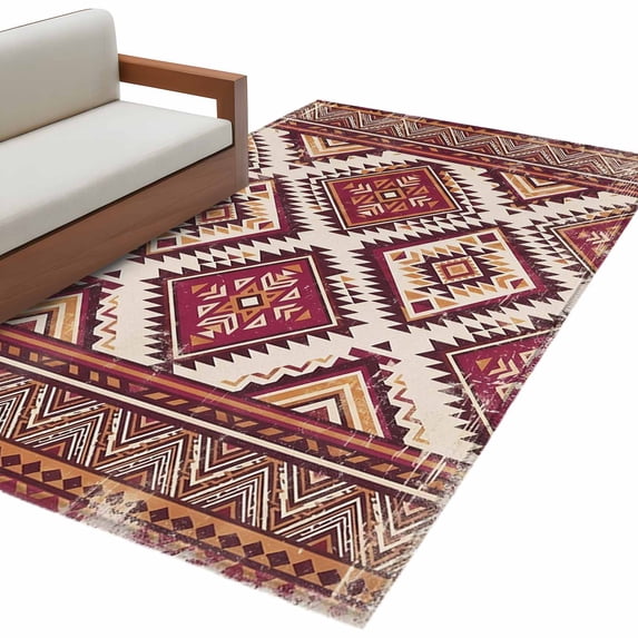 Red Orange Boho Living Room Rug 4x6 Washable Area Rug for Bedroom, Non-Slip Dining Room Rugs Geometric Tribal Southwestern Indoor Carpet for Kitchen Entryway Office Nursery Laundry