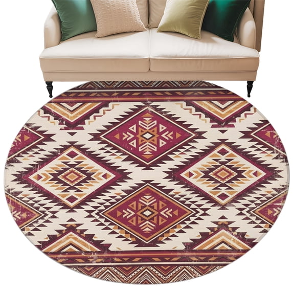 Red Orange Boho Round Area Rug 5ft Washable Large Round Rug for Living Room, Soft Non-Slip Circle Rugs for Dining Room, Geometric Tribal Southwestern Floor Carpet for Bedroom Entryway Home Office
