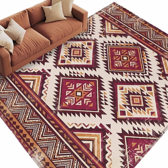 Red Orange Boho Washable Rug 5x7 Area Rugs for Living Room, Geometric Tribal Southwestern Large Bedroom Rug Soft Non-Slip Low Pile Floor Carpet for Dining Room Kitchen Office Laundry Nursery