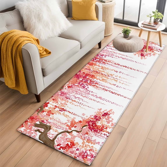Red Orange Cherry Blossoms 2'x6' Runner Rug, Spring Weeping Leaves Watercolor Washable Non-Slip Area Rugs for Hallway Kitchen Floor Bedroom Entryway, Laundry Carpet Decoration Indoor Mat