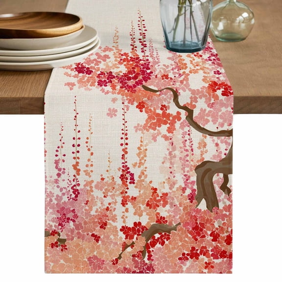 Red Orange Cherry Blossoms Cotton Linen Table Runner for Dining Kitchen, Spring Weeping Leaves Burlap Wedding Outdoor Party Tablerunners, Dresser Scarf Coffee Tablecloth Runners 13x72 Inches