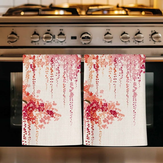 Red Orange Cherry Blossoms Kitchen Towels Set of 1, Spring Weeping Leaves Burlap Absorbent Dish Towels for Kitchen, Microfiber Hand Towel, Quick Drying Tea Towel for Cleaning Decorative Dishcloths