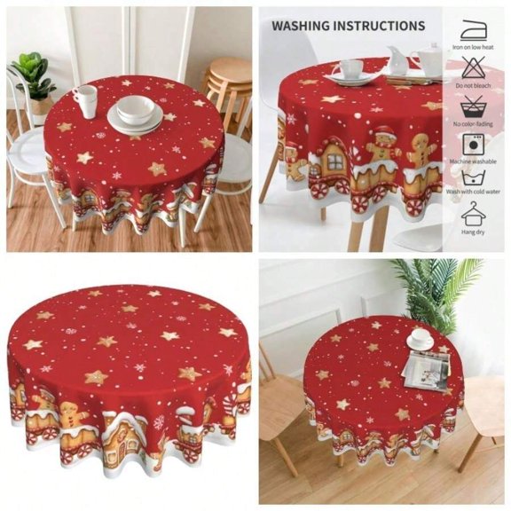 Red Orange Christmas Gingerbread Round Tablecloth 60 Inch Washable Polyester Indoor Holiday Decor