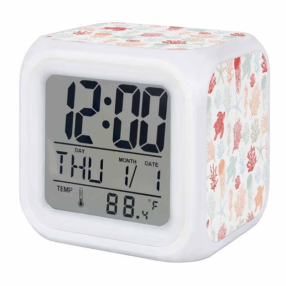 Red Orange Coastal Digital Alarm Clock for Bedrooms,Smart LED Alarm Clock with 7 Color Night Light,Nautical Summer Beach Coral Sea Turtle Silent Wake Up Clocks for Sleep Study Cooking 3.2"x3.2"