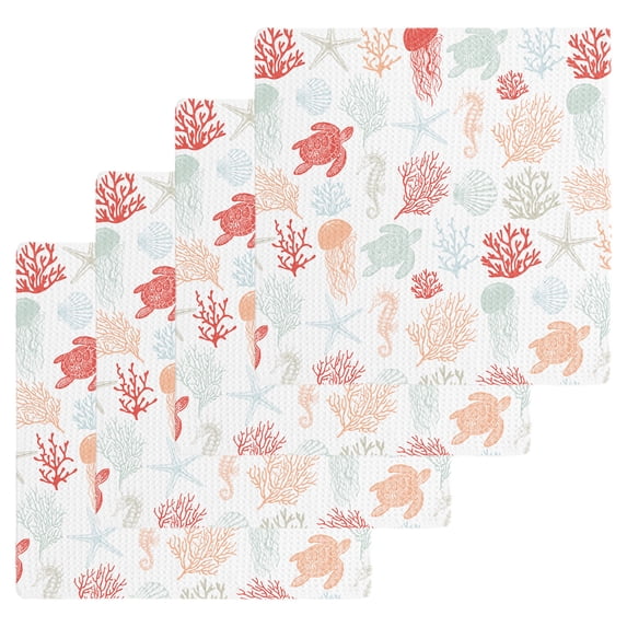 Red Orange Coastal Dish Towels Set,Waffle Weave Kitchen Towels 4 Pieces,Nautical Summer Beach Coral Sea Turtle Microfiber Hair Face Bath Tea Towel Absorbent Quick Drying Cleaning Dish Cloths,12"x12"